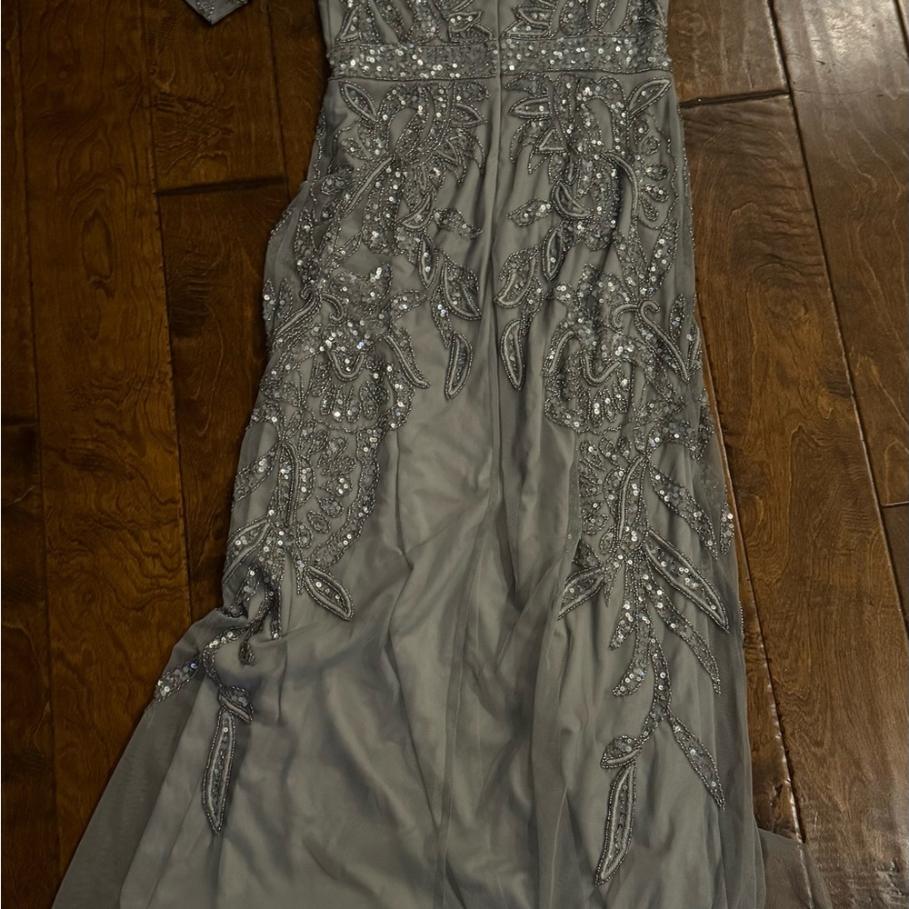 Adrianna Papell Beaded Silver Maxi Gown with sleeves - Picture 7 of 8